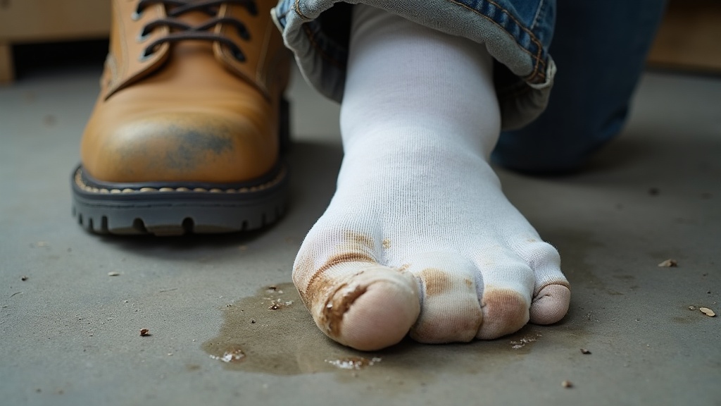 Sweat-soaked cotton work sock removed from a steel-toed boot