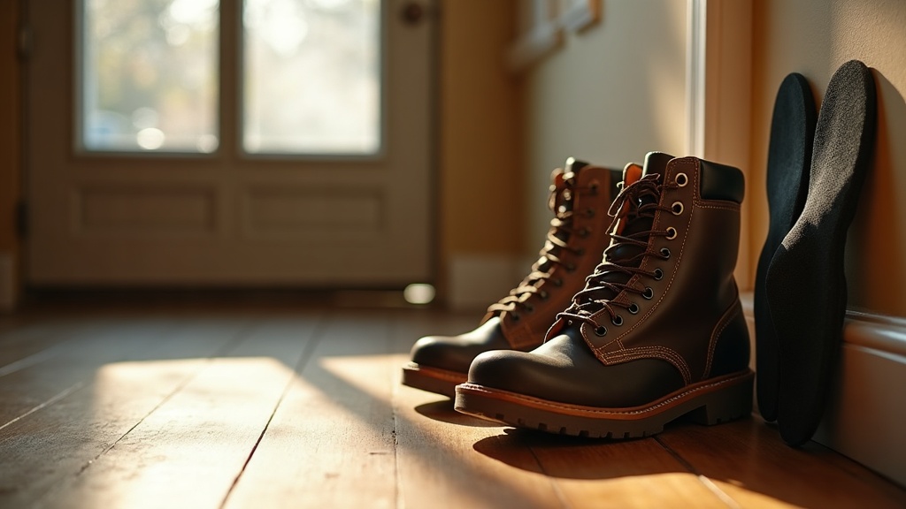 Work boots airing out with insoles removed at end of shift