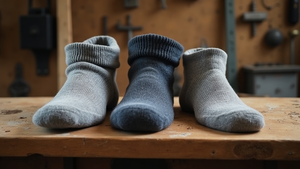Three types of work socks compared by cushion thickness on a workbench
