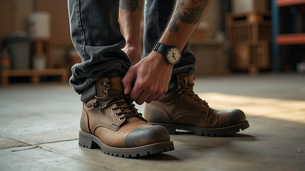 Worker pulling on a moisture-wicking work sock over a steel-toed boot on a jobsite