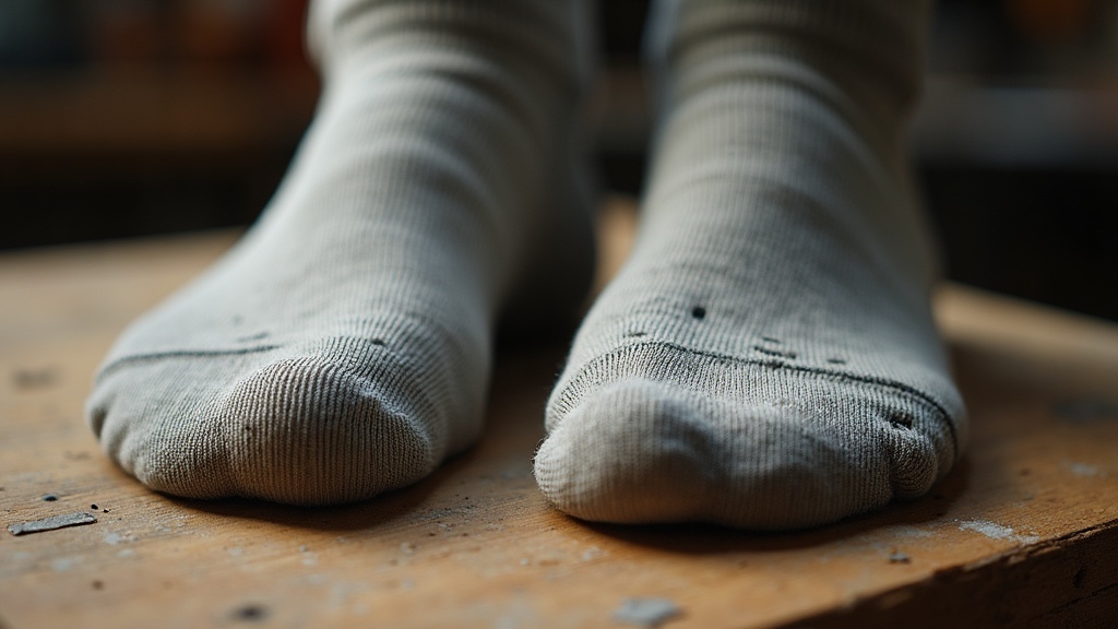 Worn work sock with holes compared to a new heavy duty cushioned sock