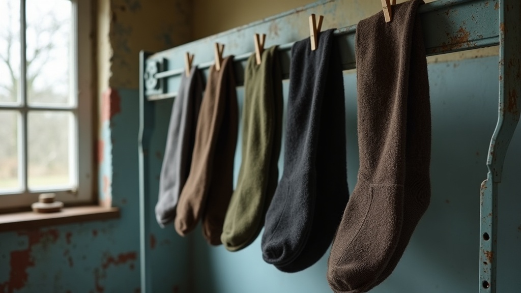 Work socks air drying on a rack to extend their lifespan