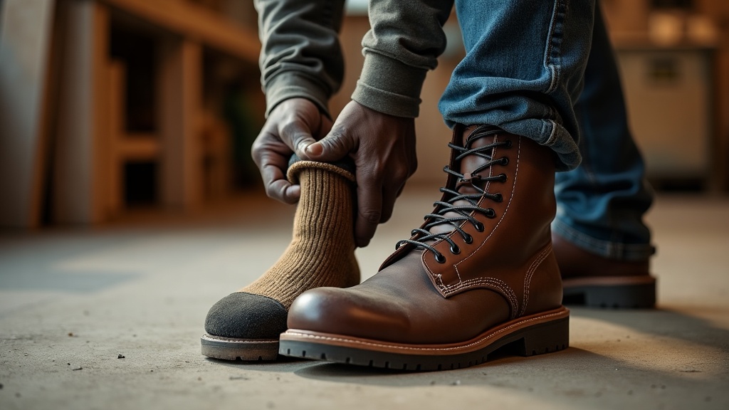 Thick moisture wicking work sock going into a steel-toe work boot