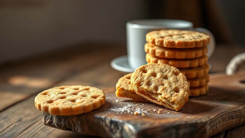 Biscuits Thé Brun LU dorés empilés sur une planche en bois rustique