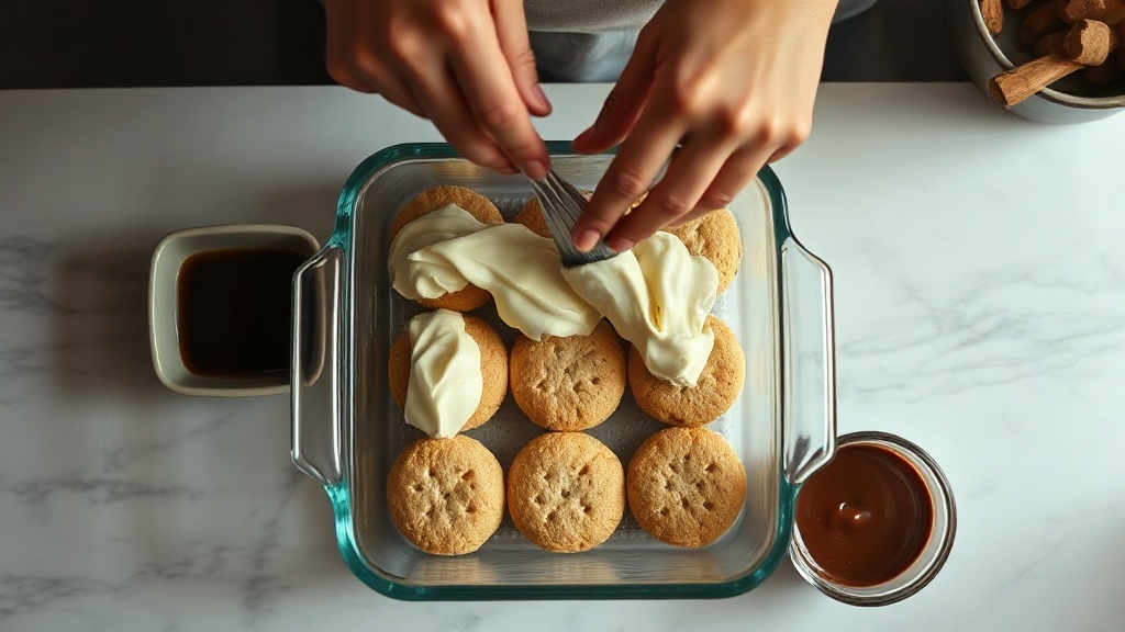 Mains étalant la crème au beurre sur les biscuits trempés dans le café pour le gâteau thé brun