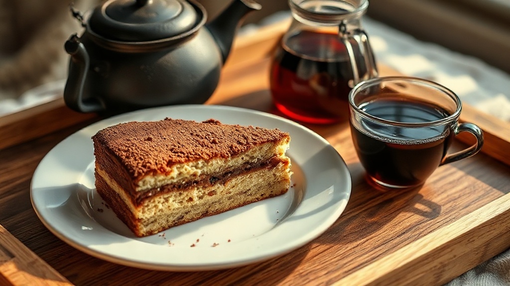 Tranche de gâteau thé brun avec une tasse de thé noir et une théière en fonte japonaise