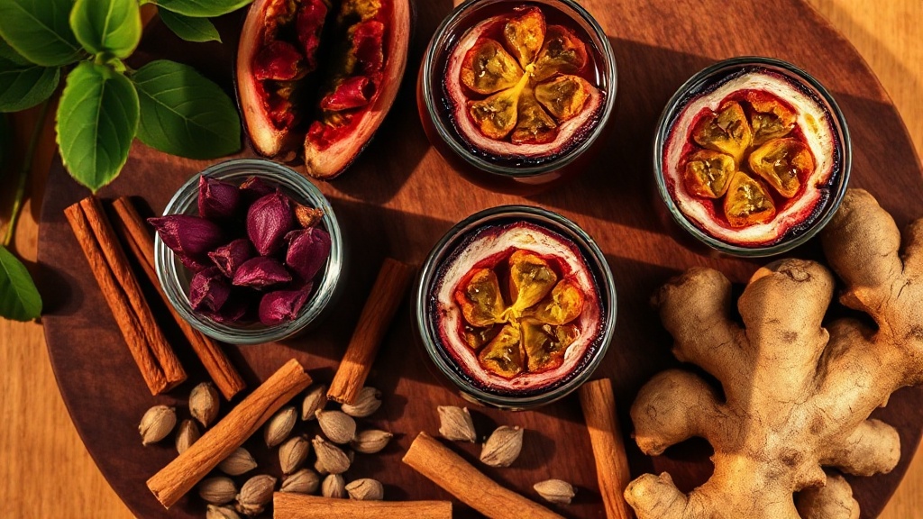 Ingrédients pour mocktails au thé : hibiscus séché, fruit de la passion, cardamome, gingembre, cannelle