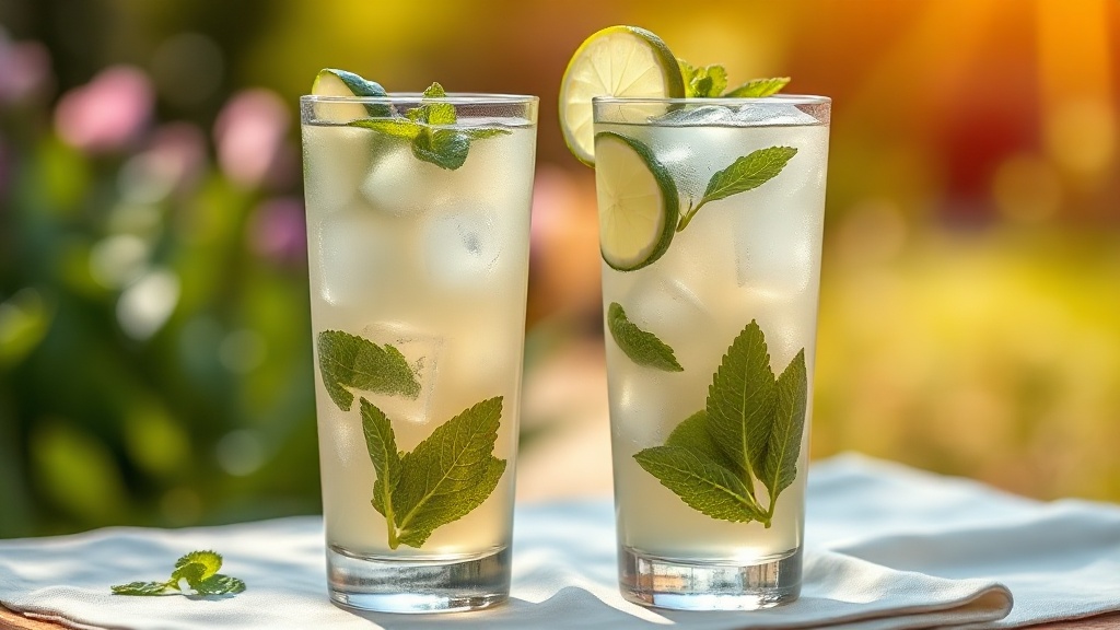 Deux verres de mocktail thé vert concombre menthe avec rondelles de citron vert et glaçons