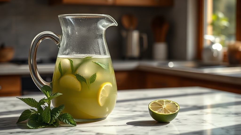 Pichet de cold brew thé vert posé sur un plan de travail en marbre, feuilles entières visibles