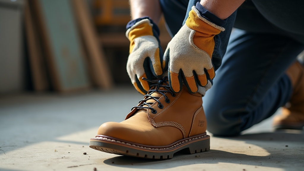 Worker putting on a merino wool work sock before a shift