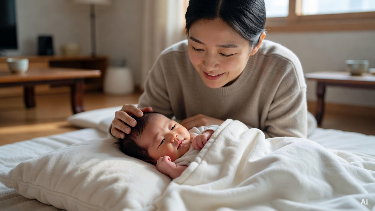 parent gently touching baby's head while baby lies on a soft white blanket