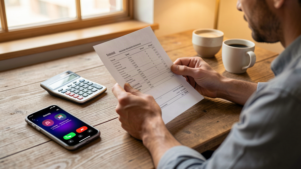 A small business owner at a desk reviewing a cost breakdown on paper while a smartphone with a ringing call interface sits beside them, a calculator and coffee cup nearby, no text