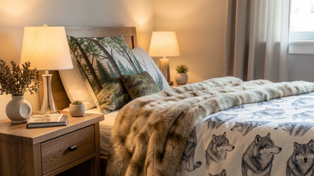 Coin de chambre sombre avec textiles épais et lampe d'appoint allumée