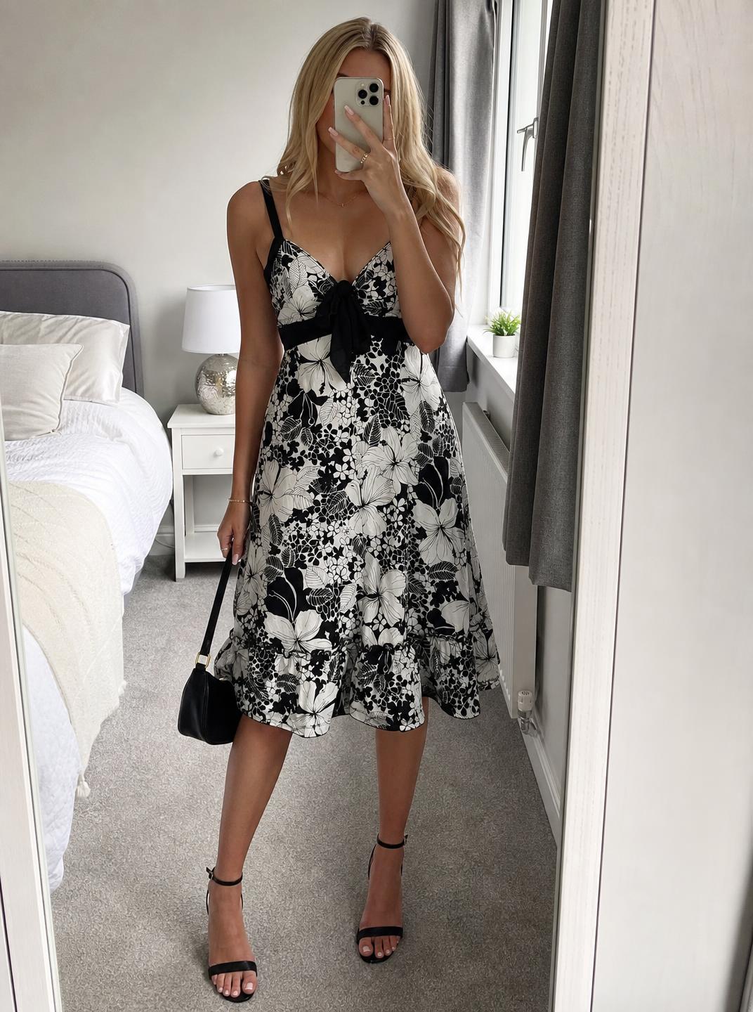 Black & White Floral Bow Detail Fit-and-Flare Dress