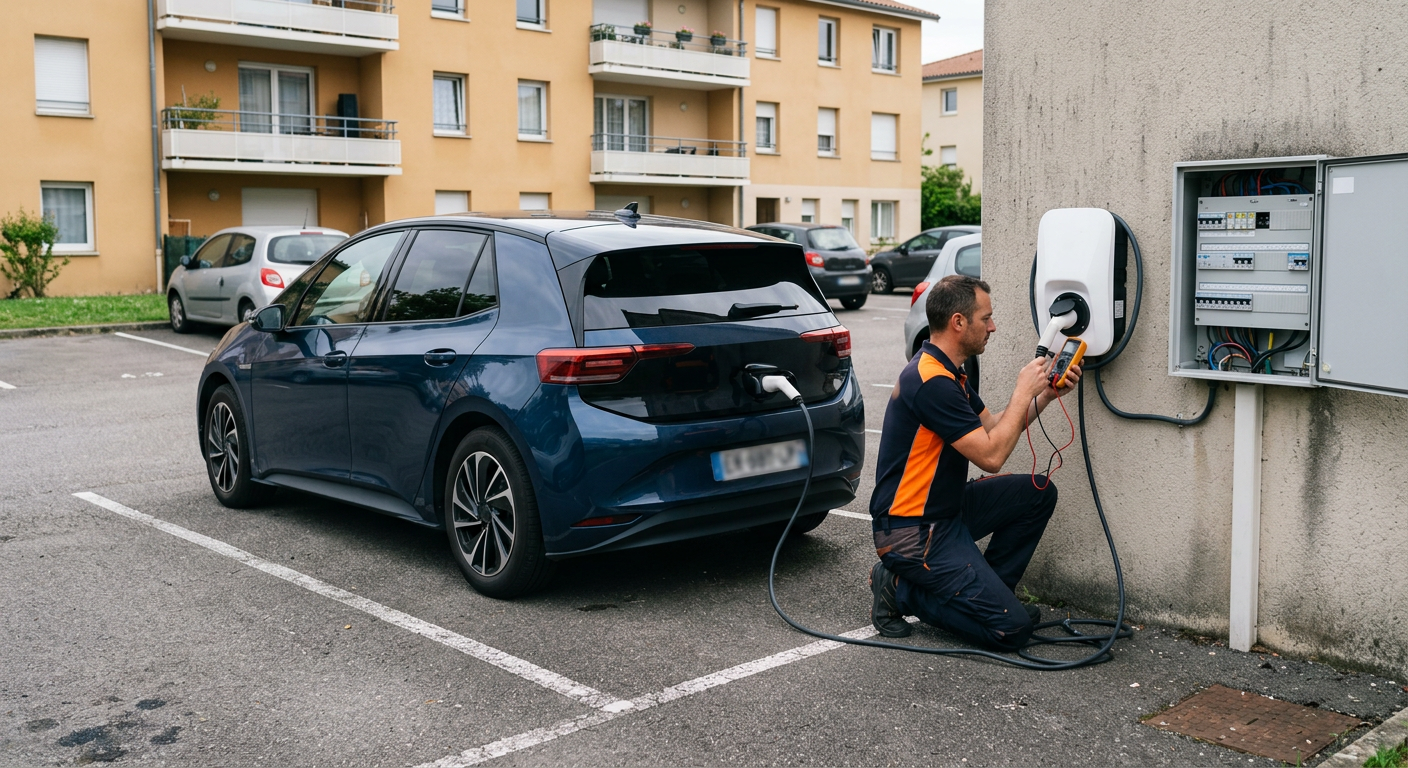 Installateur vérifie une borne de recharge électrique murale en fonctionnement sur un parking résidentiel avec tableau électrique visible