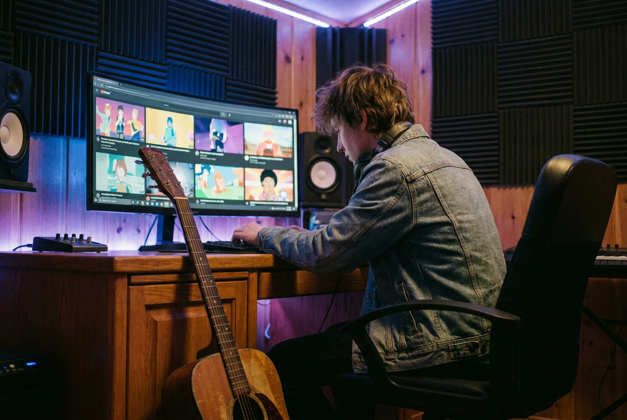 alt text for accessibility: A musician reviewing AI-generated music video clips on a laptop in a home studio