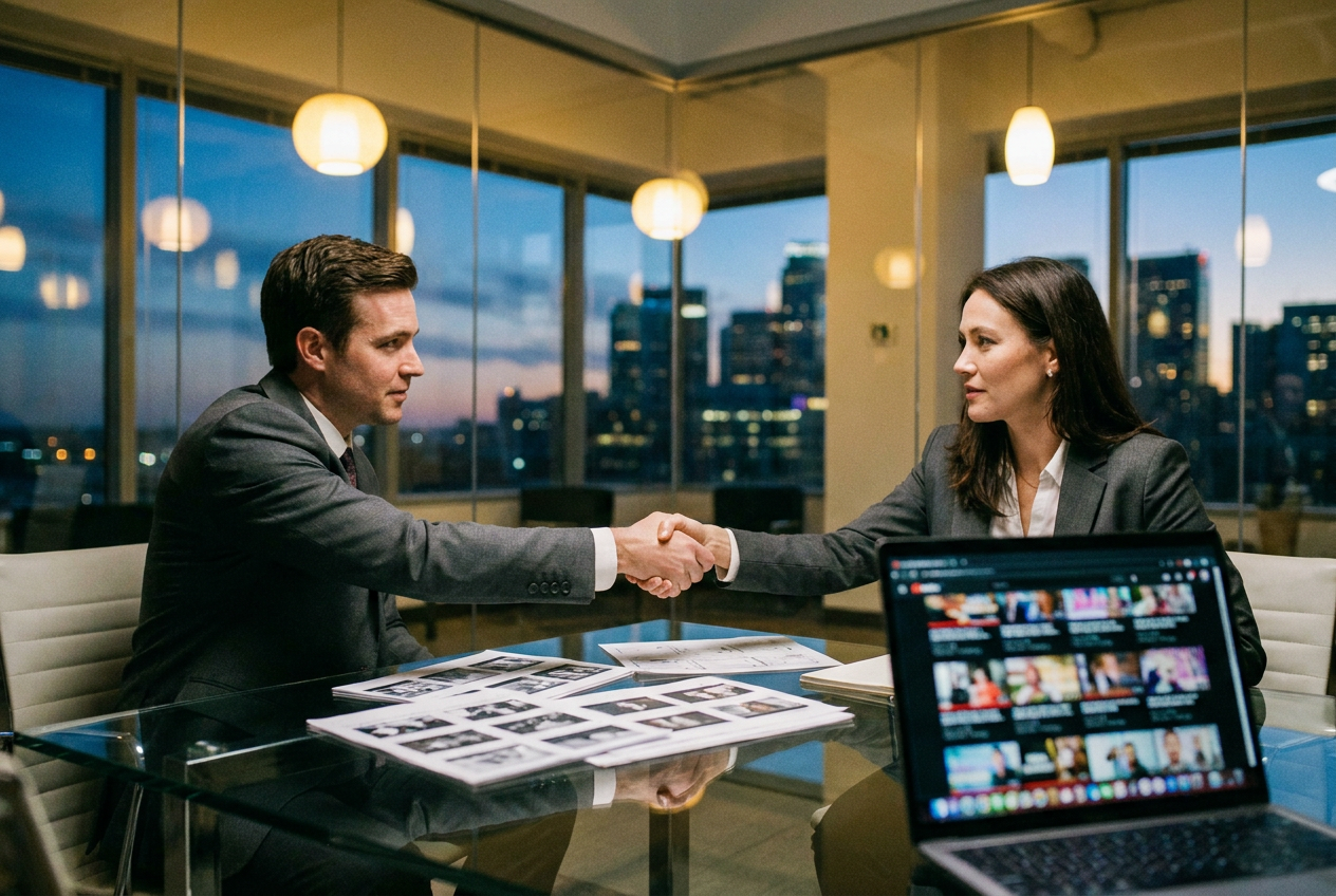 alt text for accessibility: A filmmaker and a tech developer shaking hands across a table covered with video storyboards and AI-generated visual frames