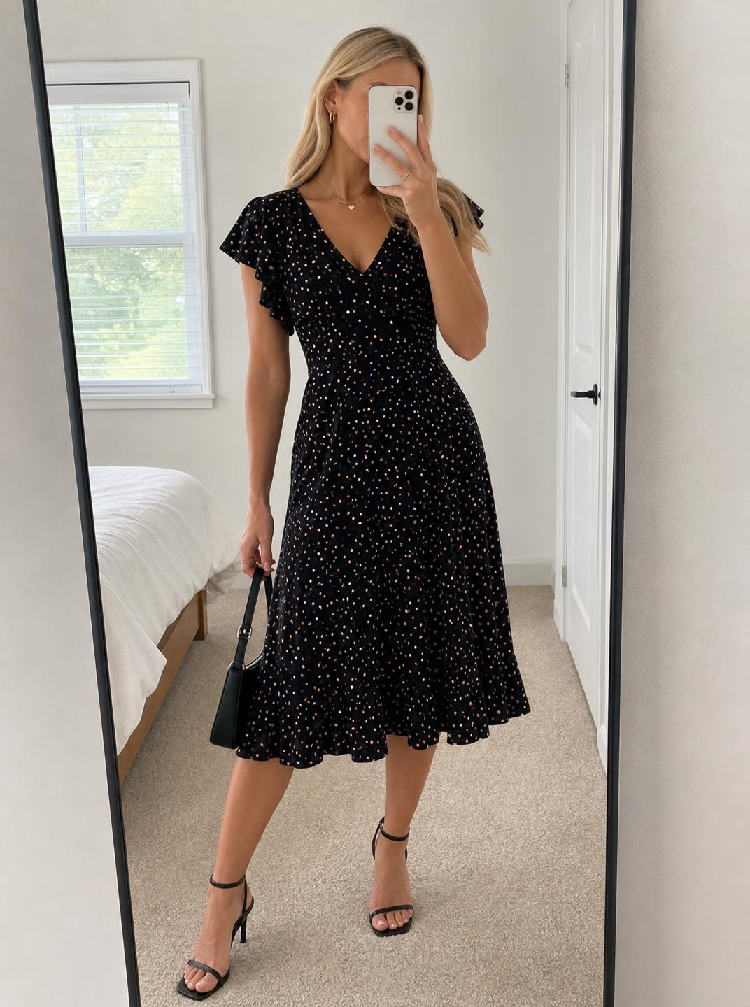 Black Polka Dot V-Neck Ruffle Sleeve Midi Dress Very Good
