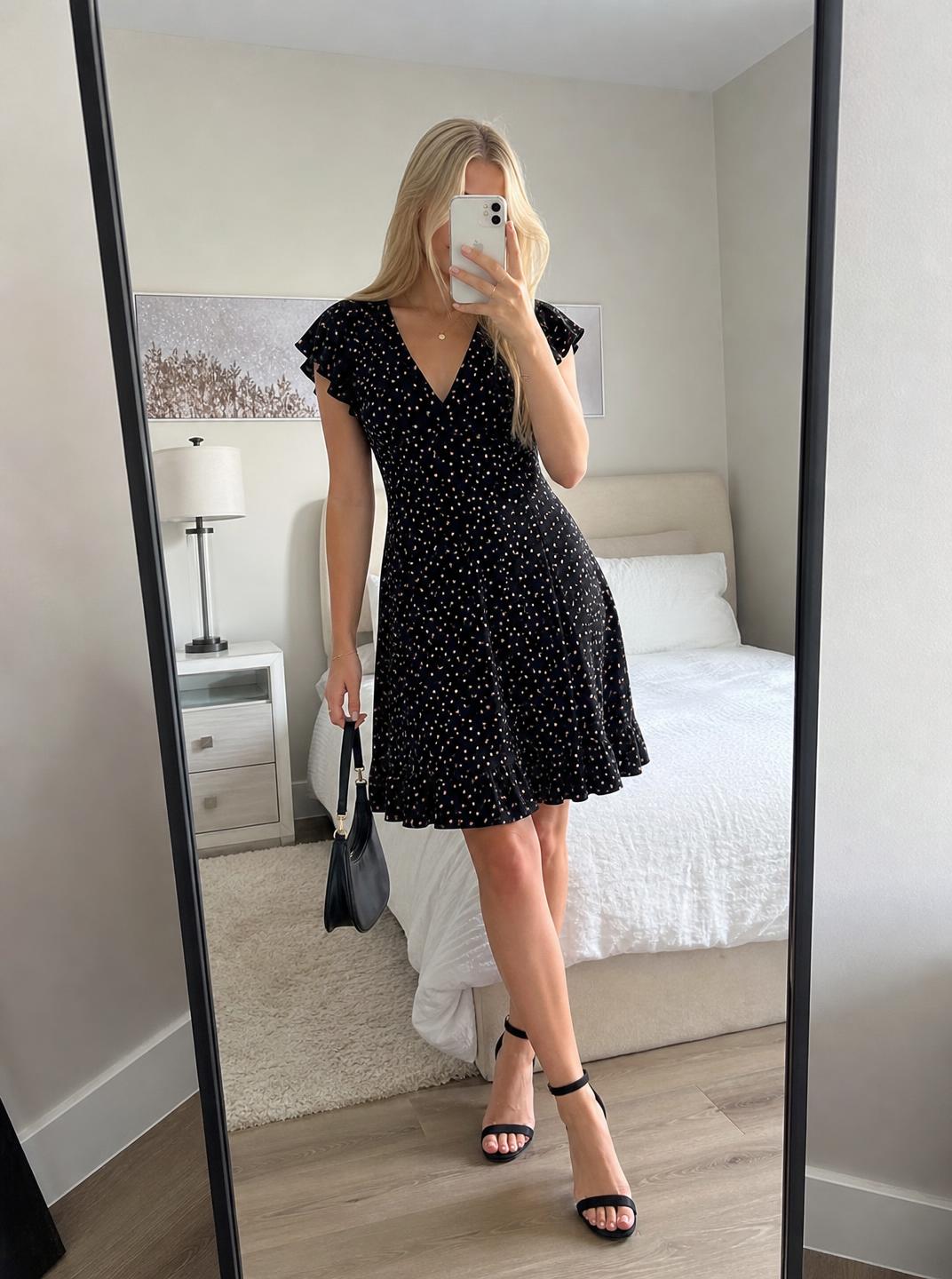 Black Polka Dot V-Neck Dress with Flutter Sleeves - Very Good