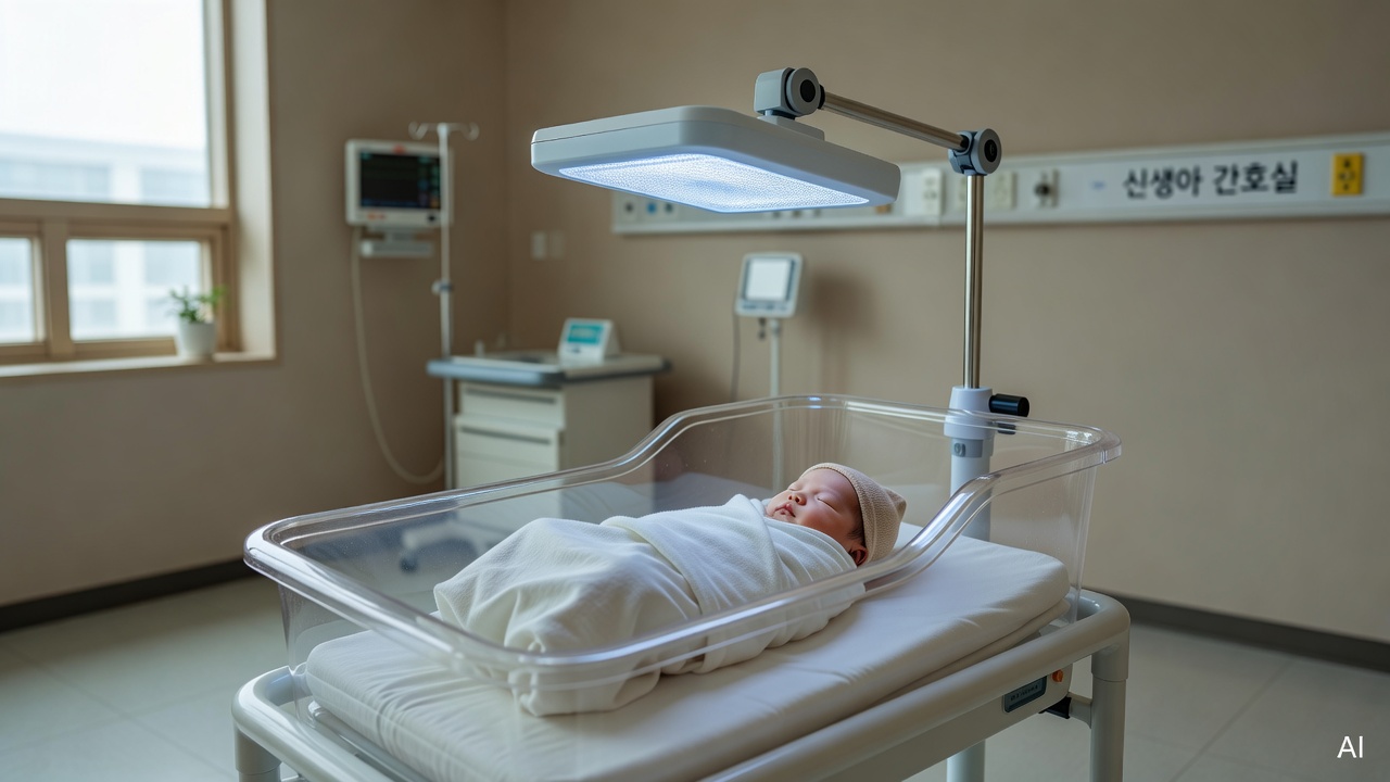 phototherapy lamp setup next to a hospital baby crib