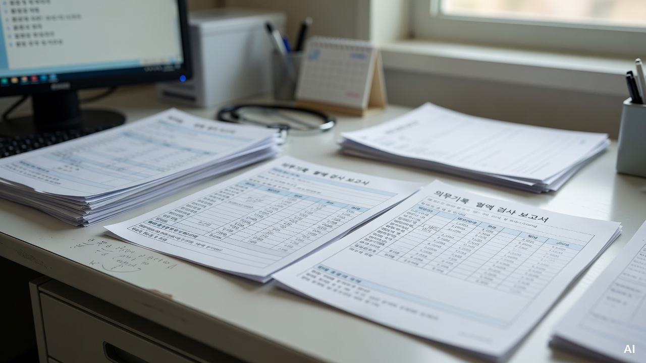 medical chart and blood test report on a hospital desk