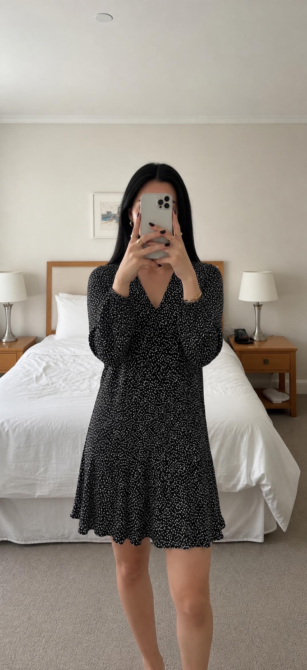 C&A black dot print long-sleeve V-neck dress, very good