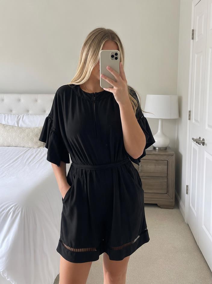Black Wide-Leg Jumpsuit with Tie Waist & Cut-Out Sleeves