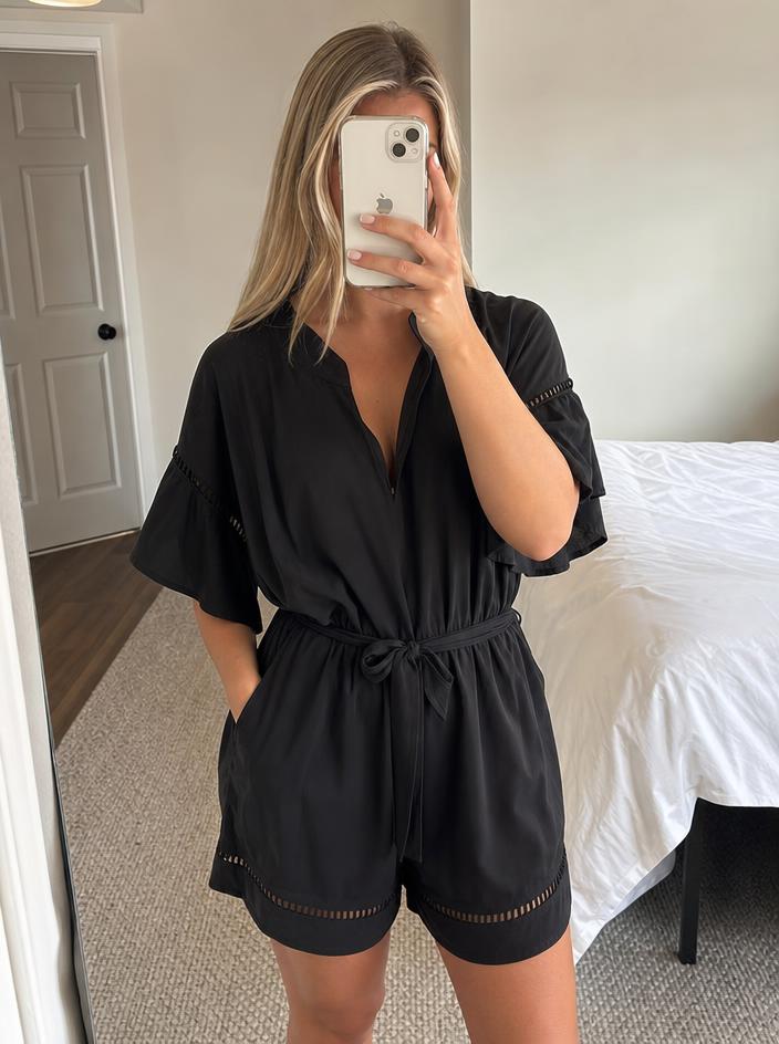 Black Wide-Leg Jumpsuit with Tie Waist and Flutter Sleeves