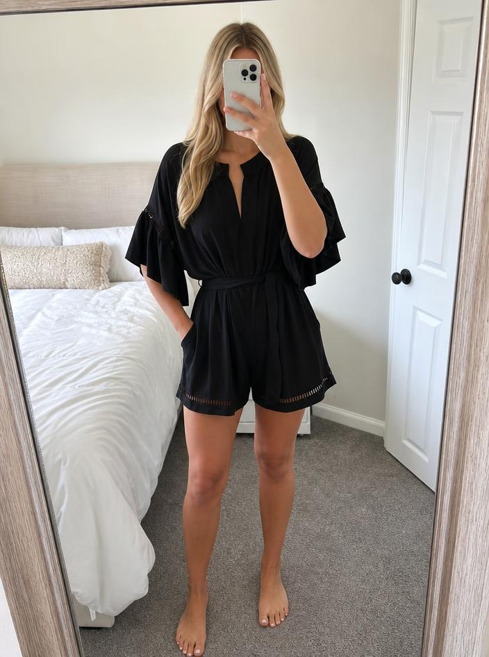 Black Wide-Leg Jumpsuit with Tie Waist & Cutout Details
