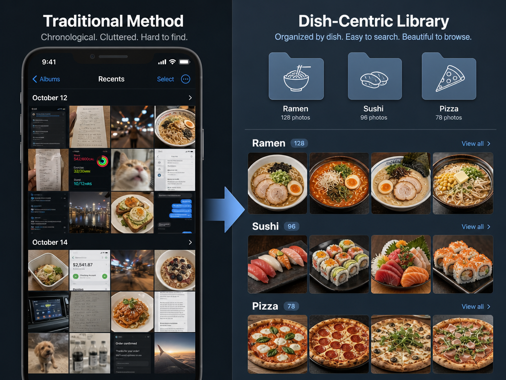 Comparison between a messy chronological phone gallery and an organized dish-centric food photo library categorized by meal type.