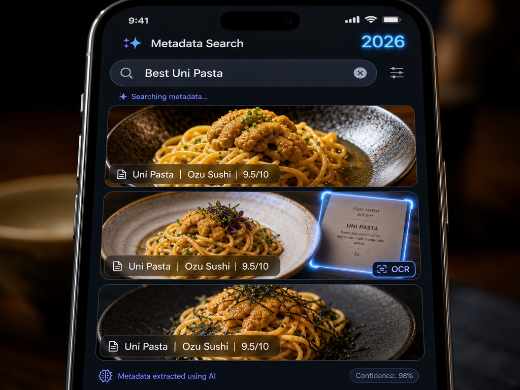 A smartphone screen showing search results for 'Uni Pasta' with metadata overlays and AI-driven OCR text detection.
