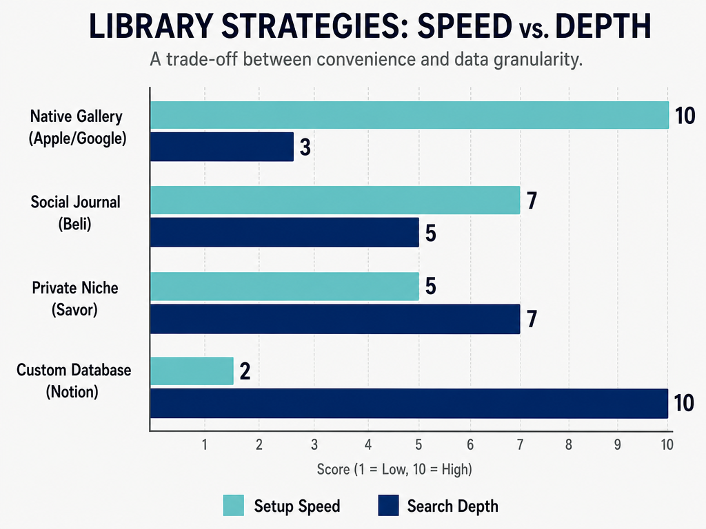 A bar chart comparing food photo organization apps based on setup speed and search depth granularity.
