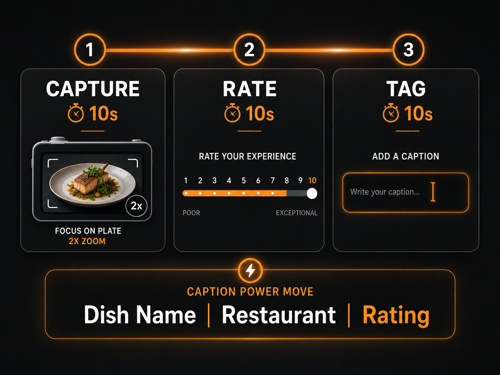 An infographic showing a three-step 30-second workflow for capturing, rating, and tagging food photos post-meal.