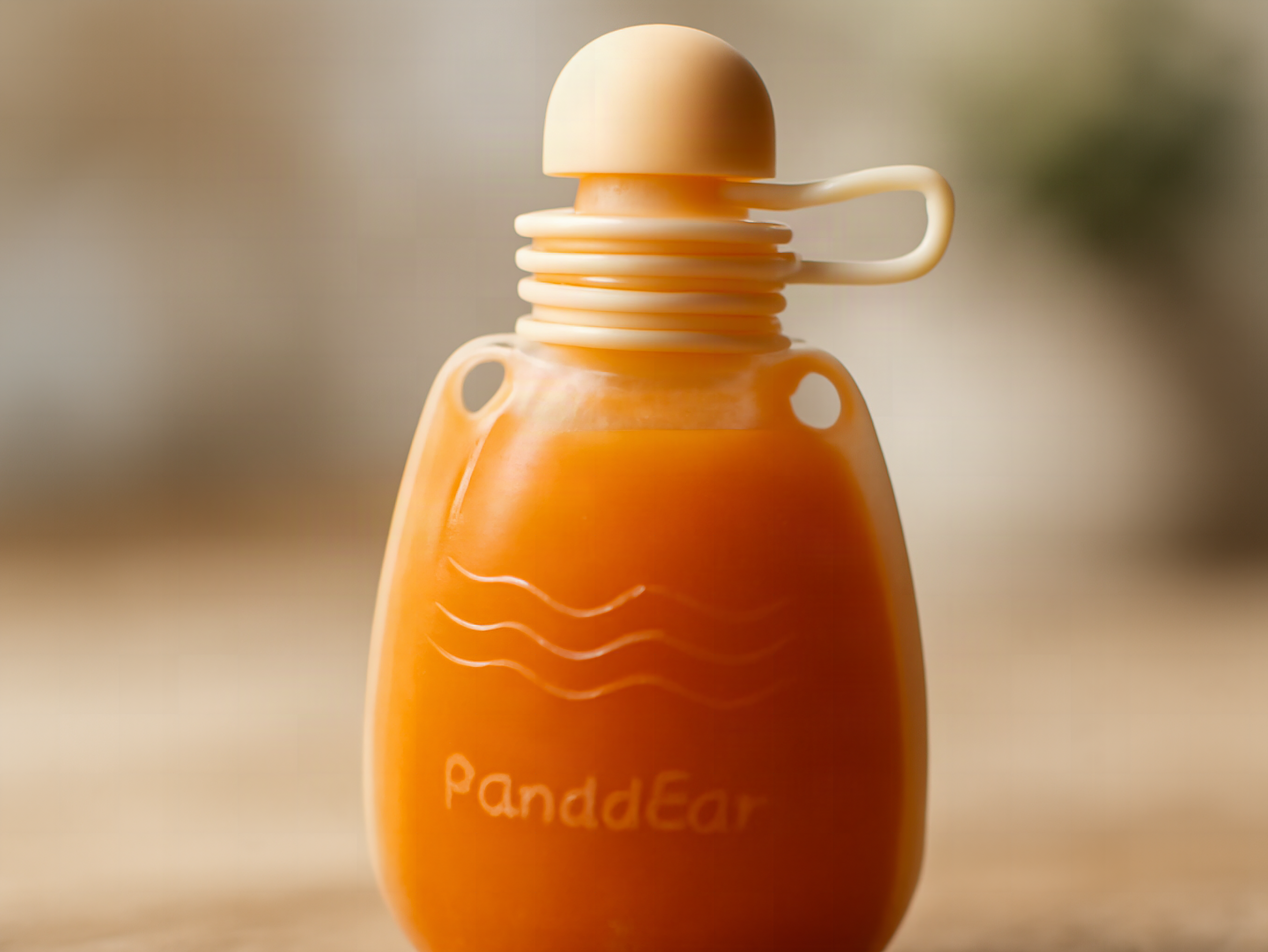 Close-up of a filled PandaEar silicone pouch with orange baby food, nozzle in focus
