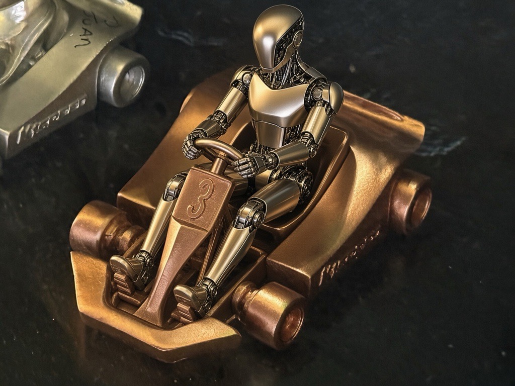 metallic robot driving a bronze go-kart — free 3D model