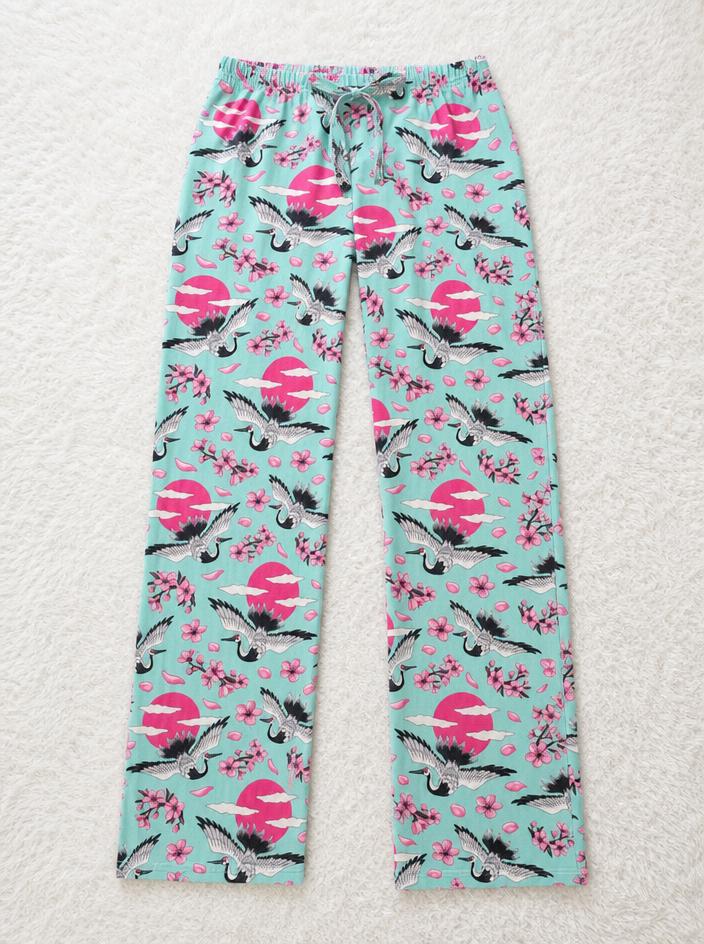 Kids turquoise crane print leggings with elastic waist