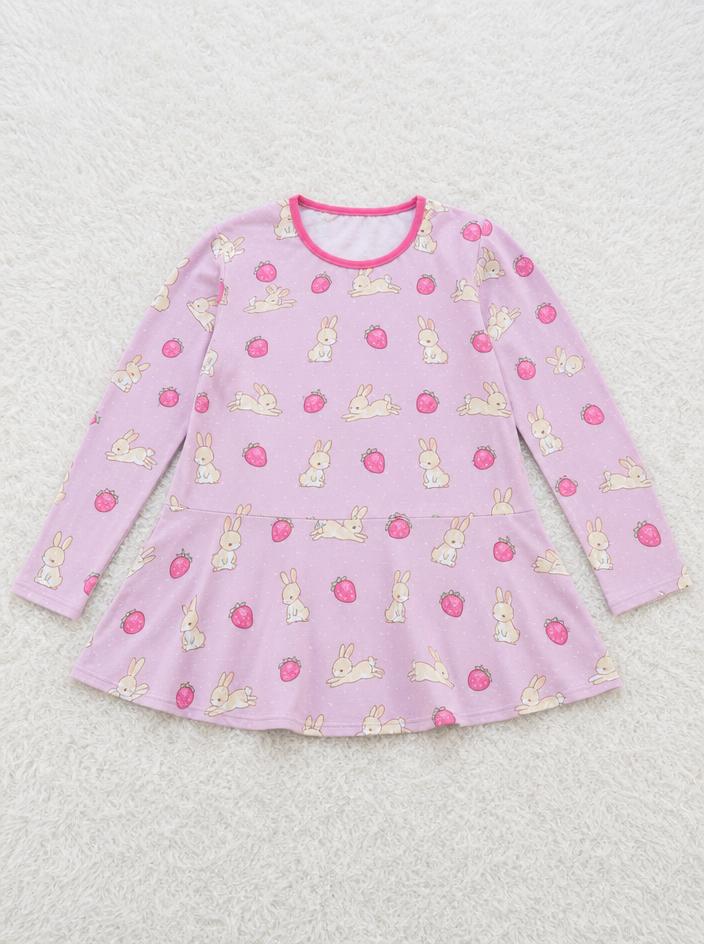 Girls Pink Rabbit & Strawberry Print Long Sleeve Dress