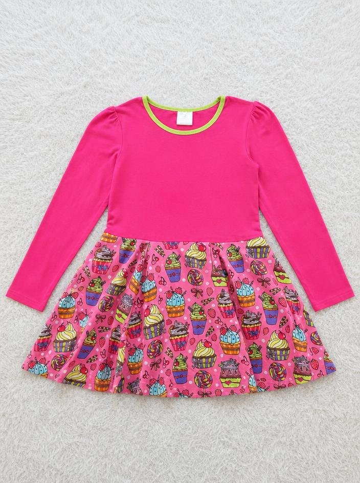 Girls Pink Cupcake Print Long Sleeve Dress – Very Good