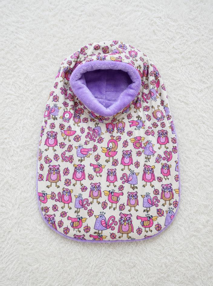 Kids owl print hooded jacket with purple fleece lining