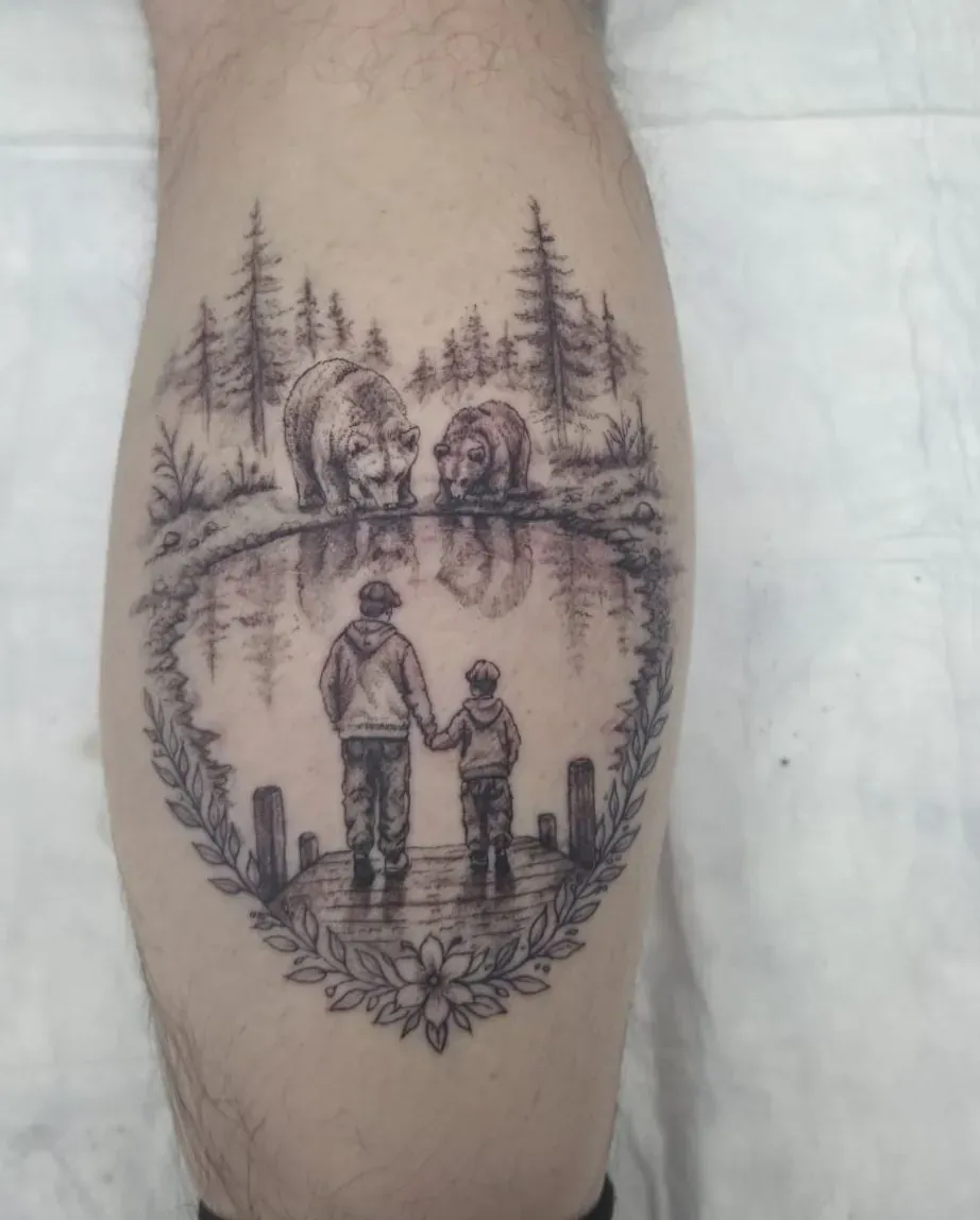 Waldszene mit Vater und Kind an der Wade, Skin Hunter Paderborn