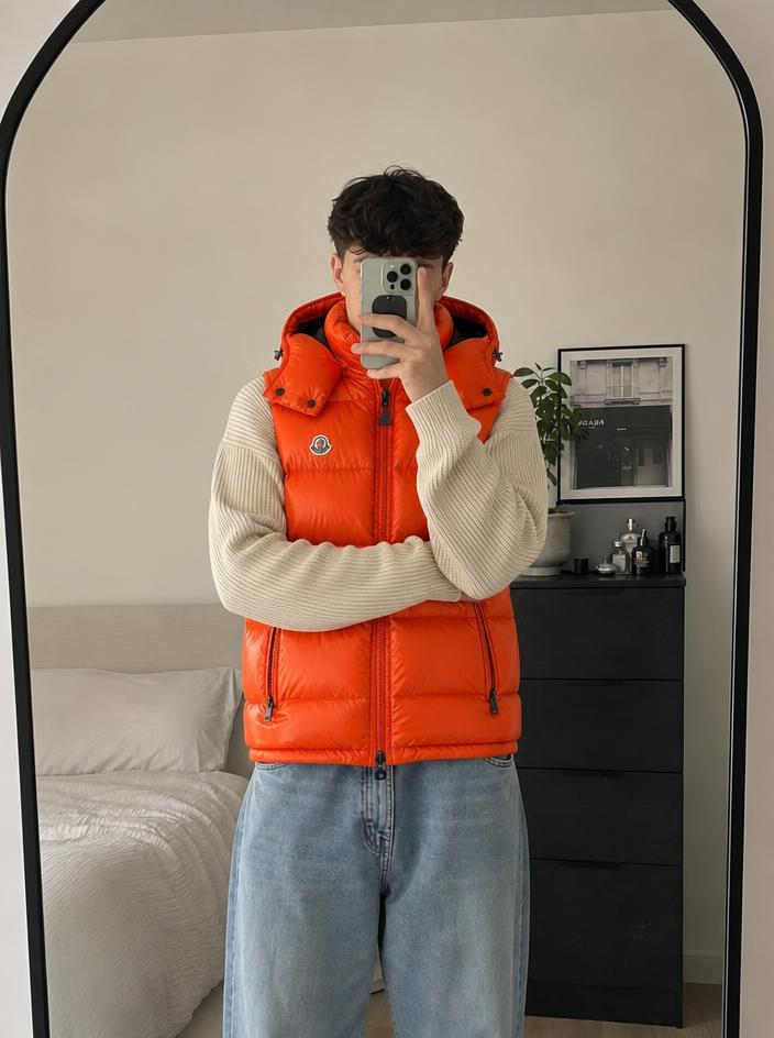 Moncler Orange Quilted Puffer Gilet with Hood – Very Good