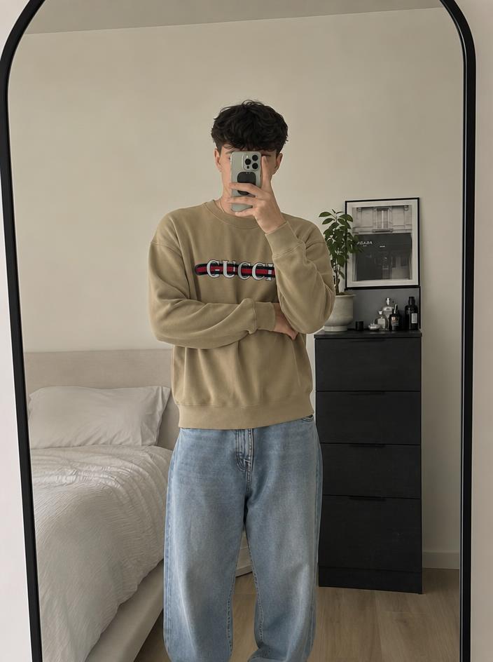 Gucci Camel Logo Sweatshirt with Web Stripe - Very Good