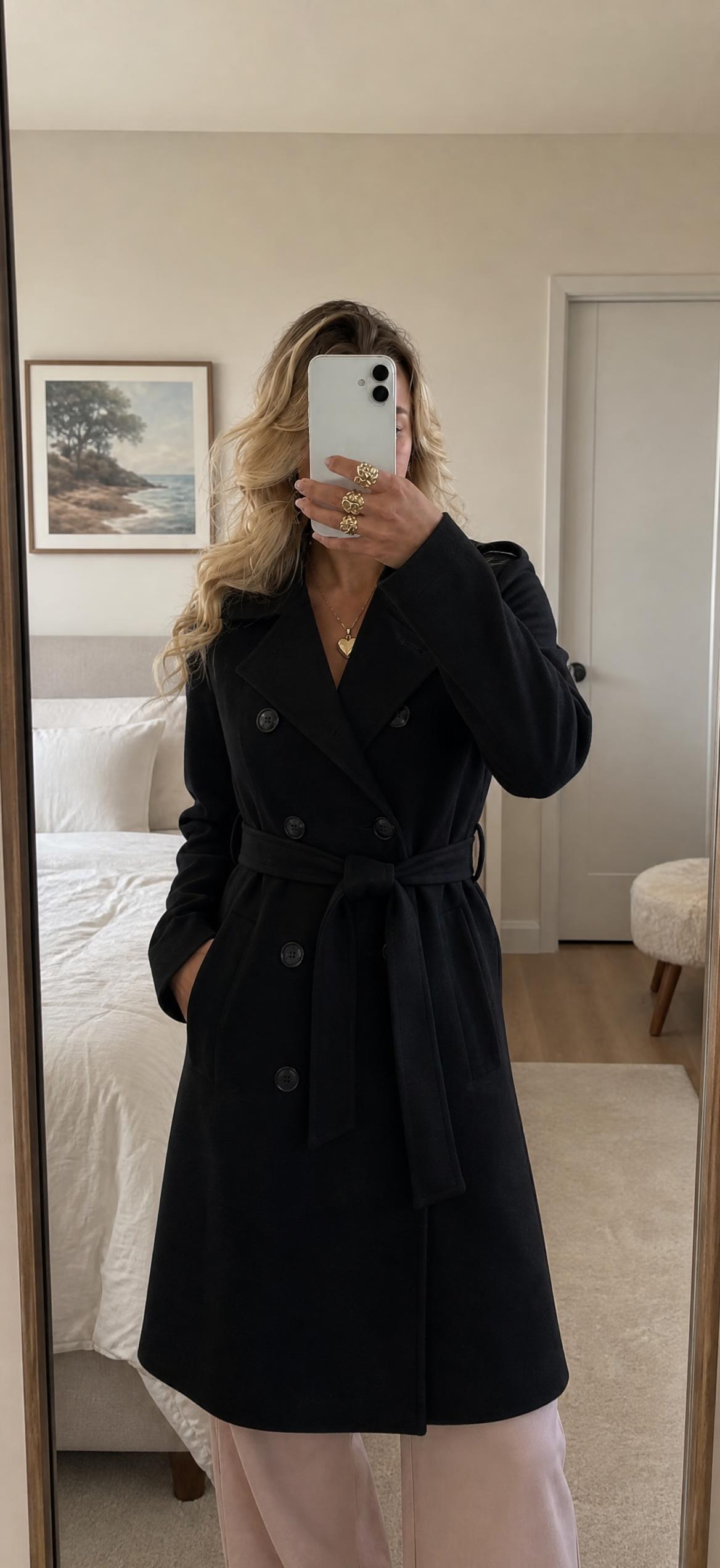 Black Double-Breasted Belted Trench Coat – Very Good