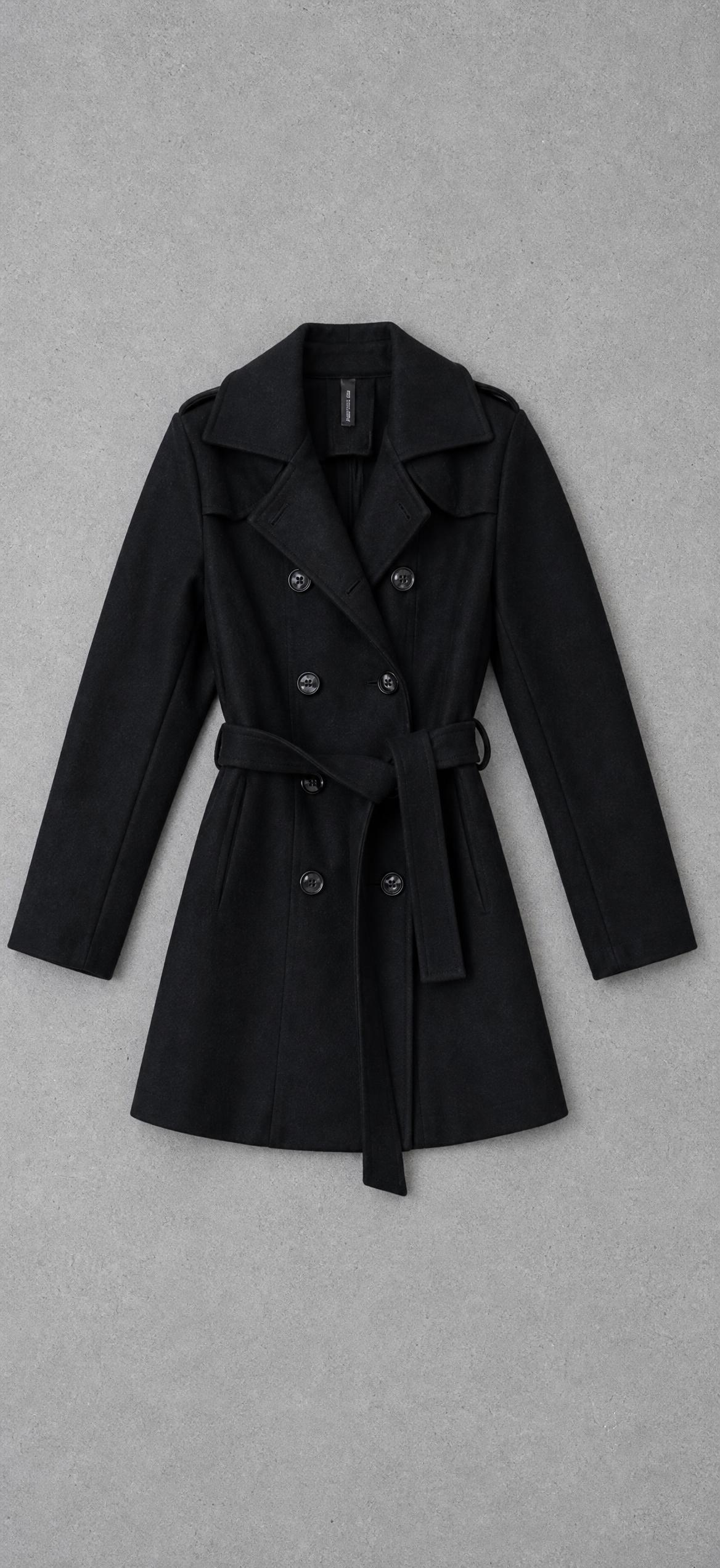Black double-breasted belted trench coat, very good condition