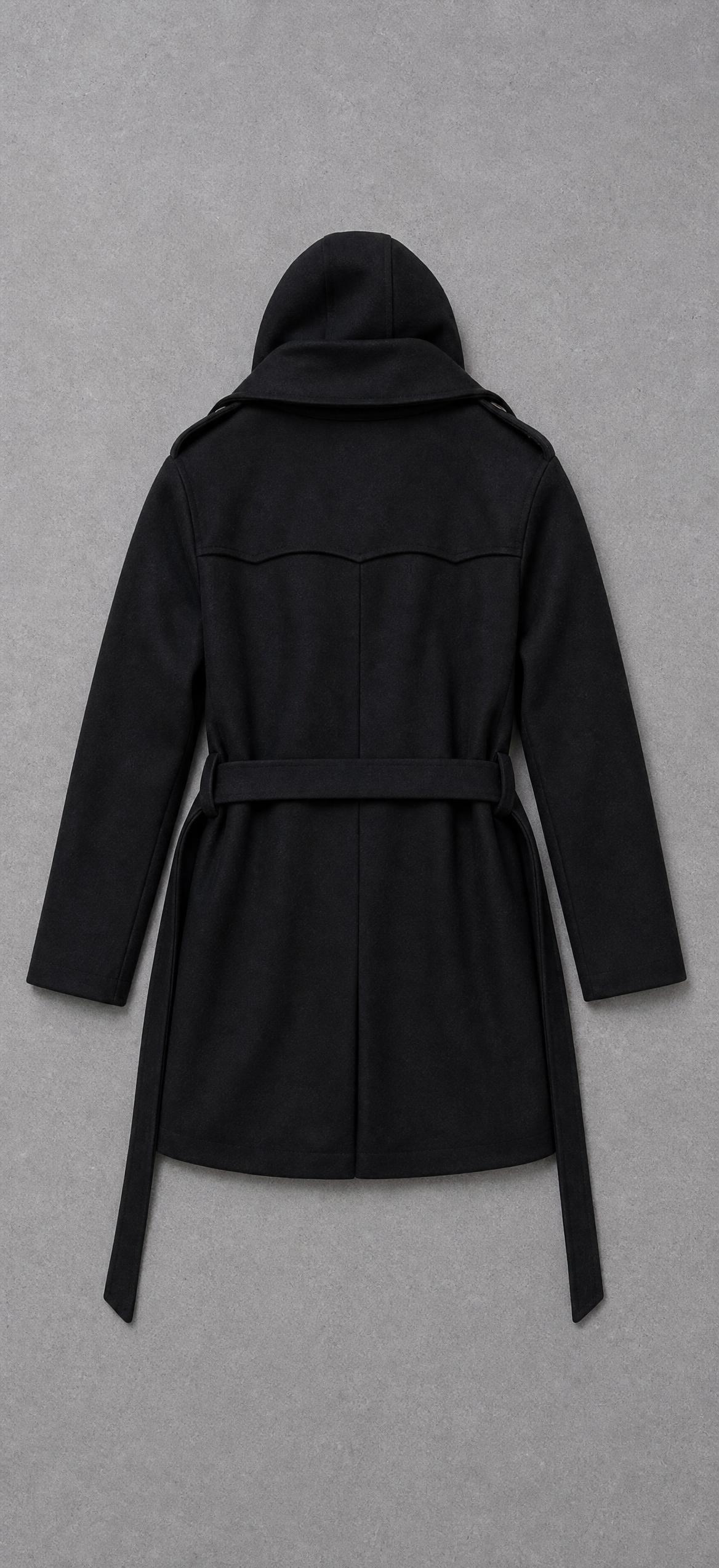 Black Longline Belted Coat with High Collar – Very Good