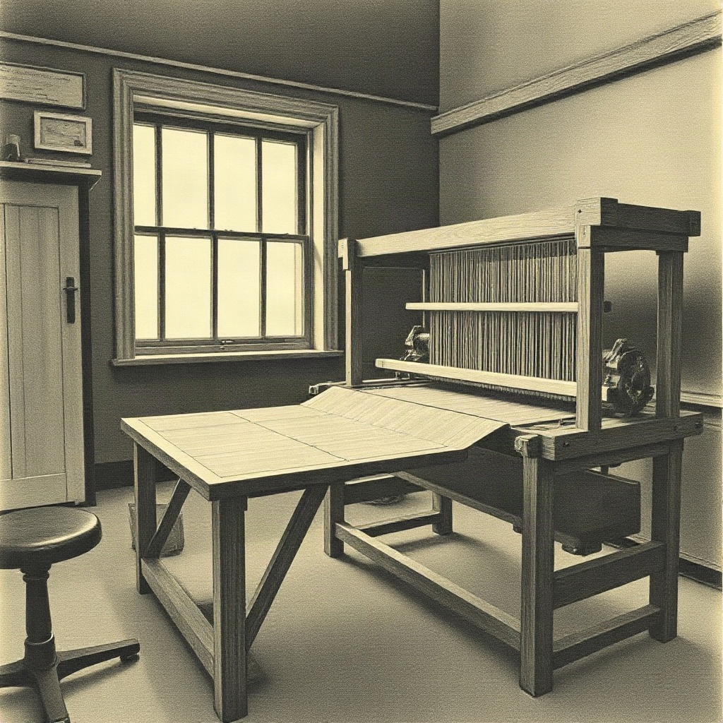 The shop from the stair door: two looms, the north window, the wedge for the near leg behind the cone rack.
