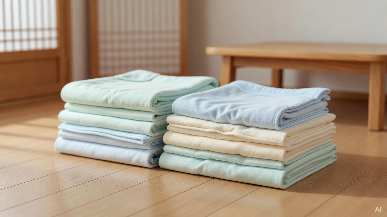 baby bedding and soft cotton blankets neatly folded on a wooden floor