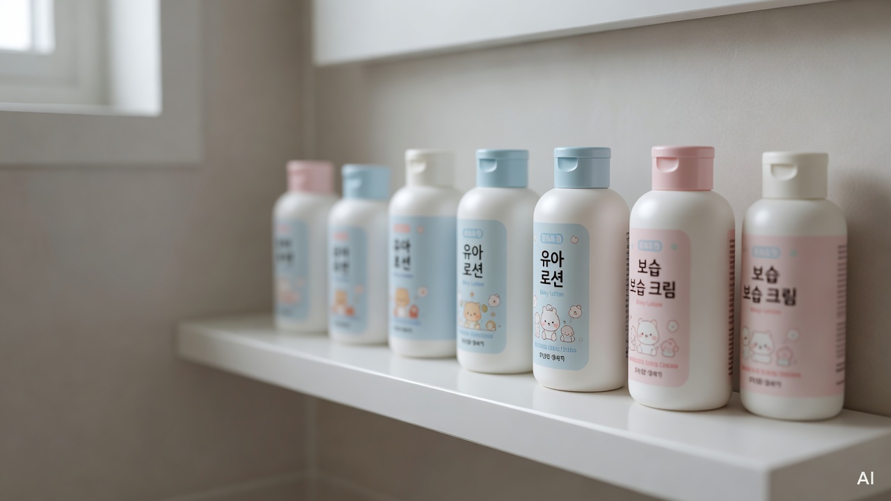 close-up of baby skincare products and moisturizer bottles arranged on a white bathroom shelf