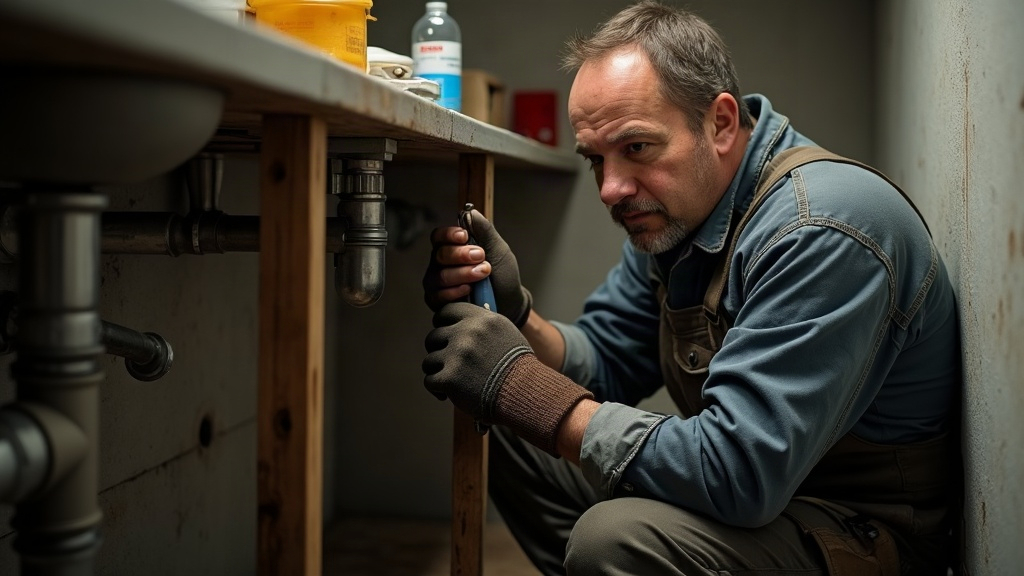 Plumber with wrist brace working under a sink on a repetitive job