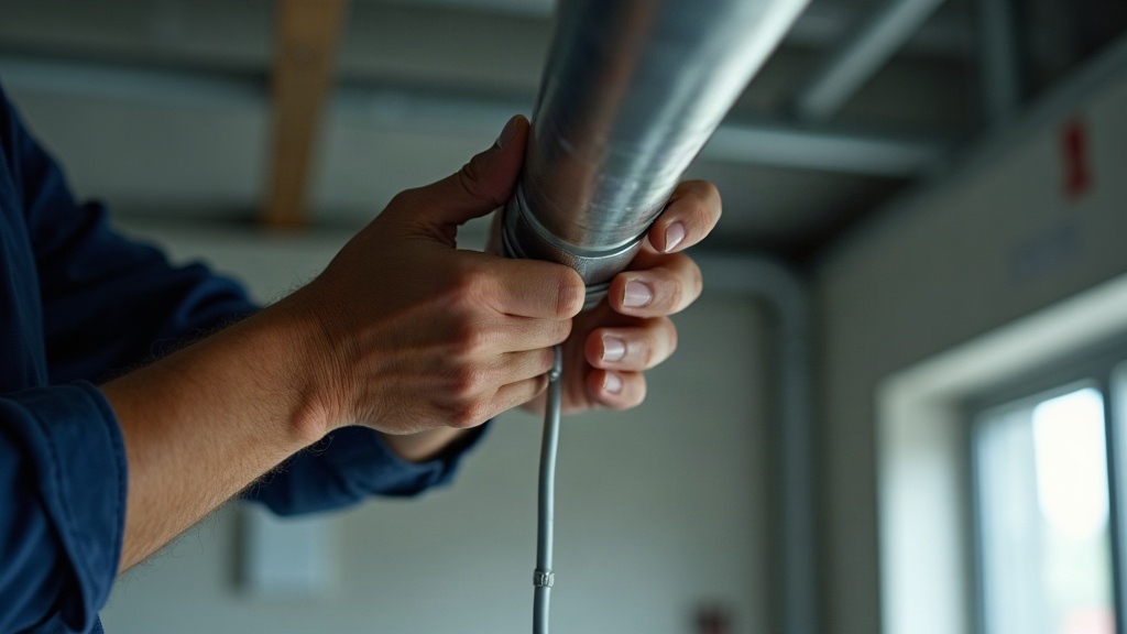 Electrician pulling wire through conduit with wrists bent at a stressful angle